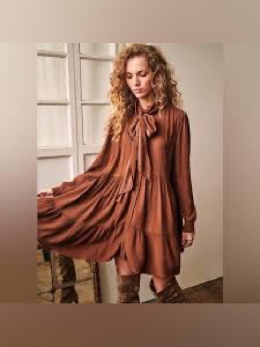 Tie-Neck Tiered Mini Dress in Brown